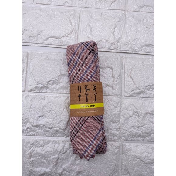 Skinny Tie Madness Mens Plaid Skinny Tie Pink Patch 100% Cotton SKM3225 - Picture 4 of 8